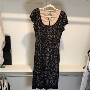 Eva Mendes Black Midi Sheath Dress Scoop Neck Cap Sleeve